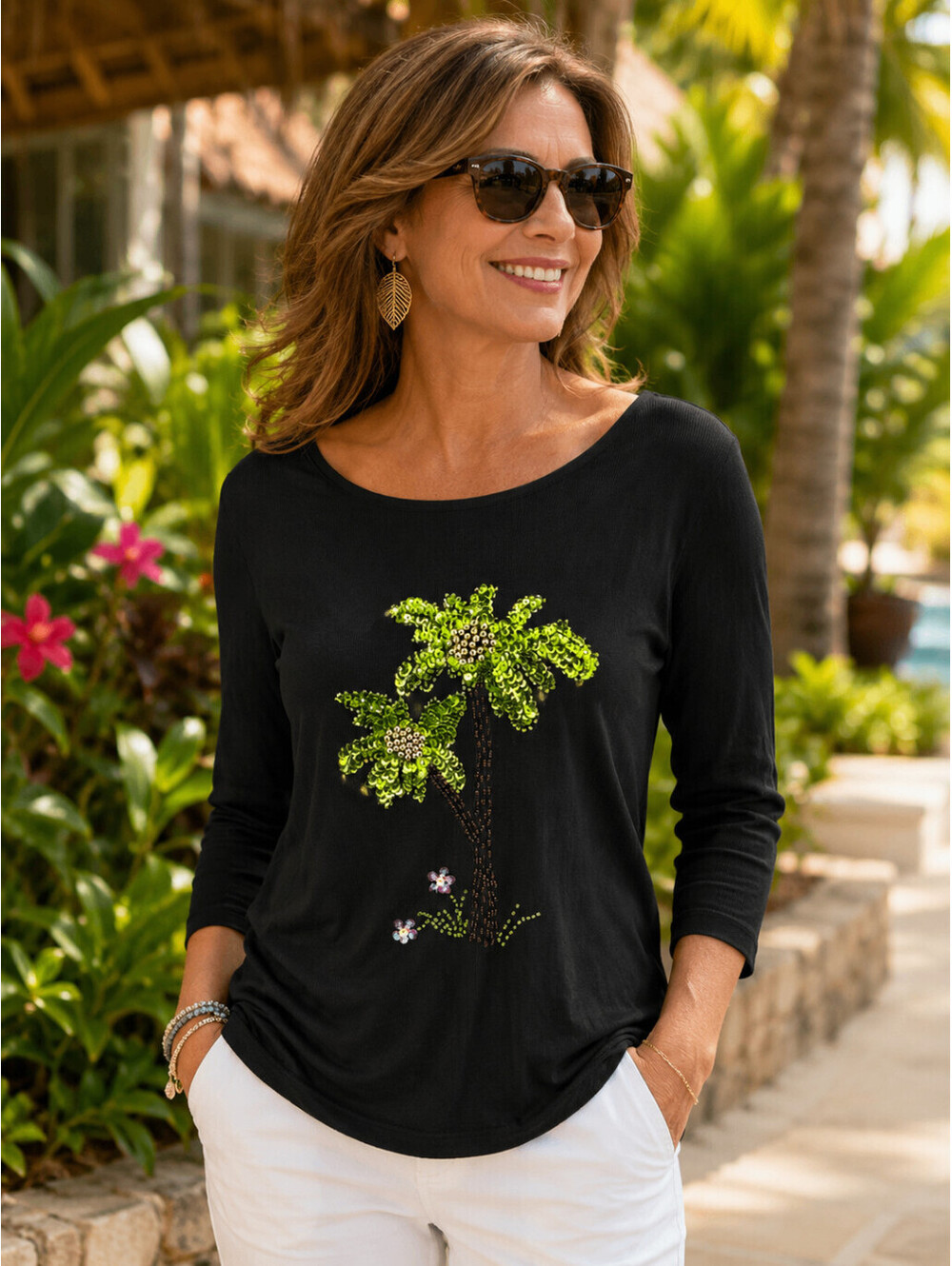 Lucia Burns Womens XL Black Sequin Beaded Palm Tree Boat Neck Rib Knit Top